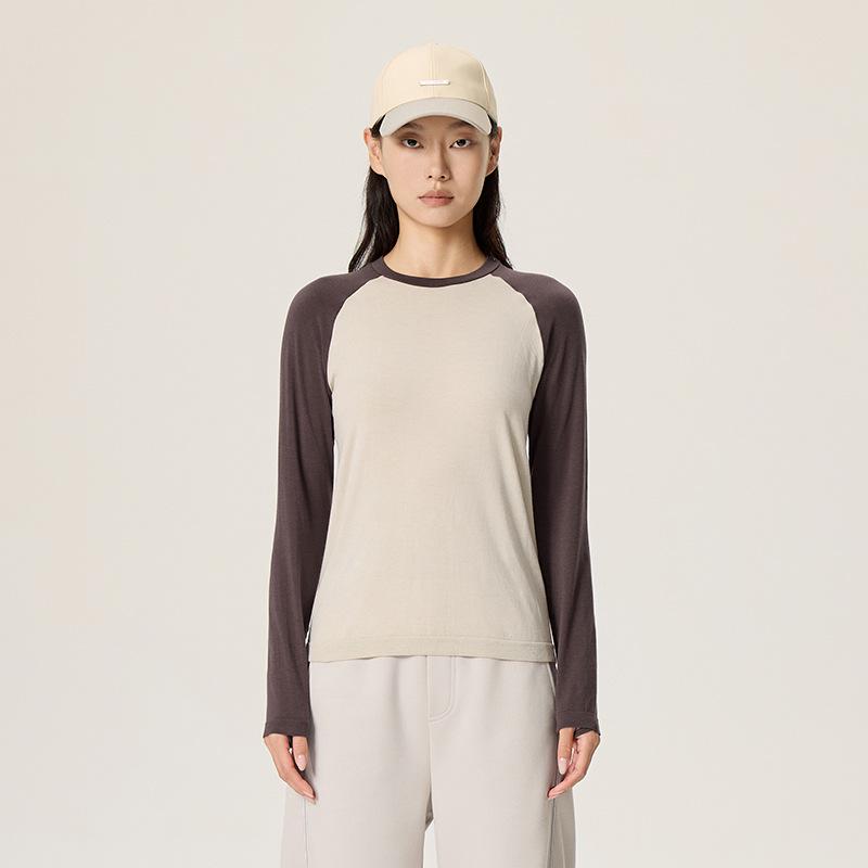 Women's Seamless Color Block Raglan Merino Wool & Tencel Long Sleeve Sport Shirt