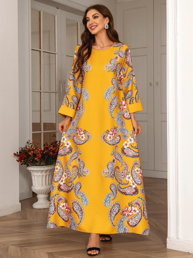 Robe Longue Musulmane pour Femmes Transfrontalière - Col Rond, Manches Longues, Florale, Design Perlé