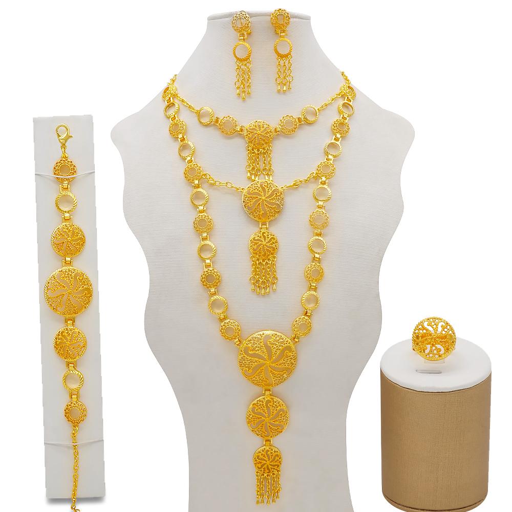 Set de bijuterii de culoare aurie din Dubai indian pentru femei Set de colier lung de mireasă, colier nigerian, bratara, cercei, seturi de inele