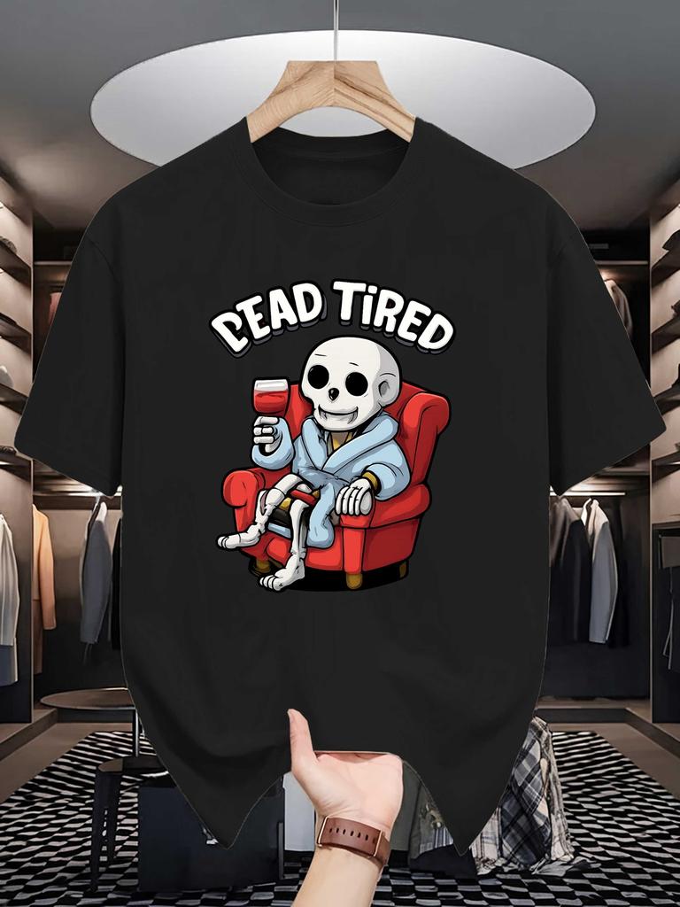 Unisex Crew Neck Tee Skeleton Dead Tired Text Graphic Print Soft Cotton Loose Short Sleeve Summer Casual Male Daily Streetwear Tops