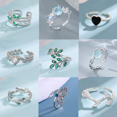 925 Sterling Silver Rings For Women Geometric Fine Jewelry Finger Adjustable Simple Blue Stone Leaf Ring For Party Birthday Gift