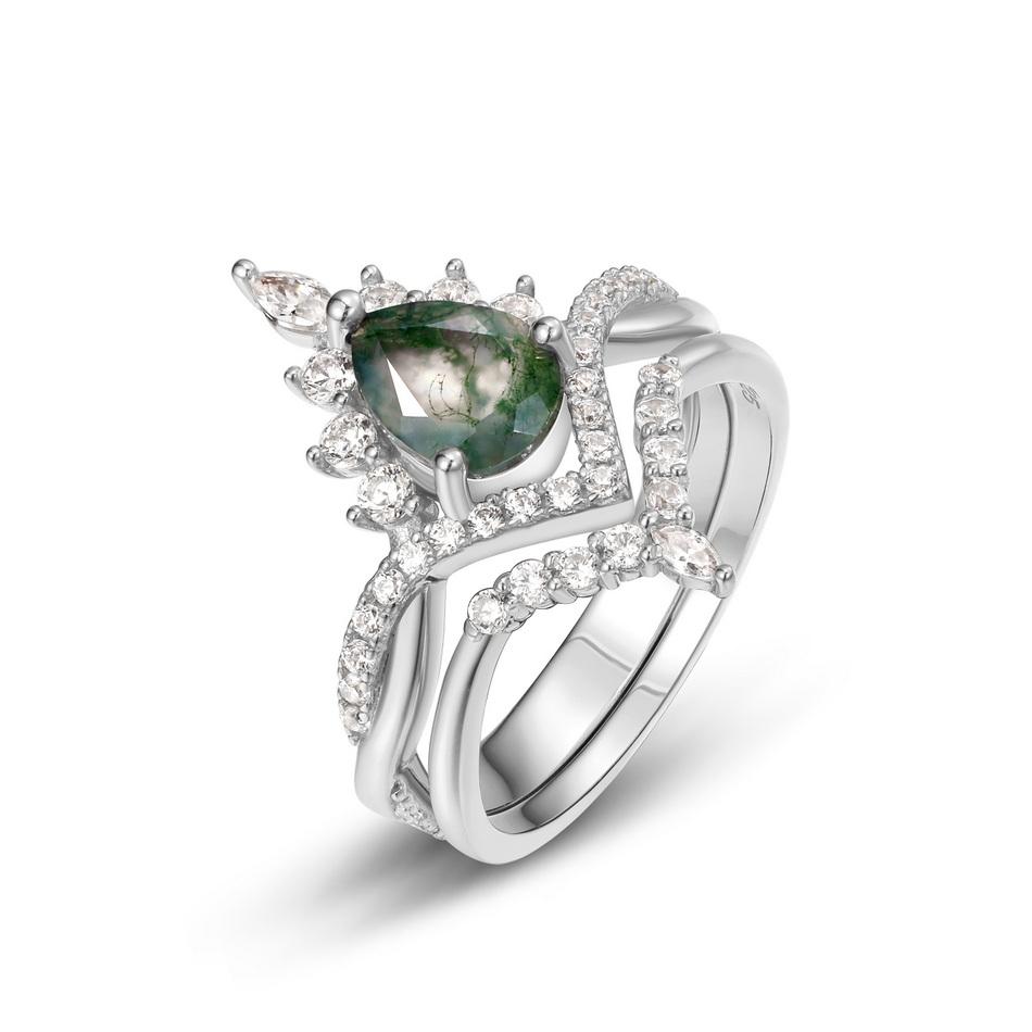 WES   CopperKite Cut Natural Moss Agate Gold Ring Sets For Woman Wedding Bridal Set Valentine Gift Jewelry