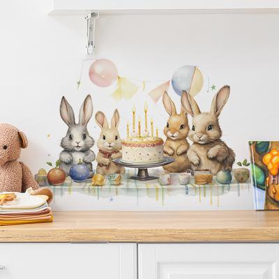 Cartoon Cute Bunny Birthday Children Bedroom Home Background Beautification Wall Sticker