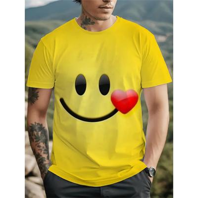 Herren T-Shirt mit 3D All-Over-Print Happy Face und Herz Design - leuchtend gelb mit Augen und rotem Herz, Übergröße
