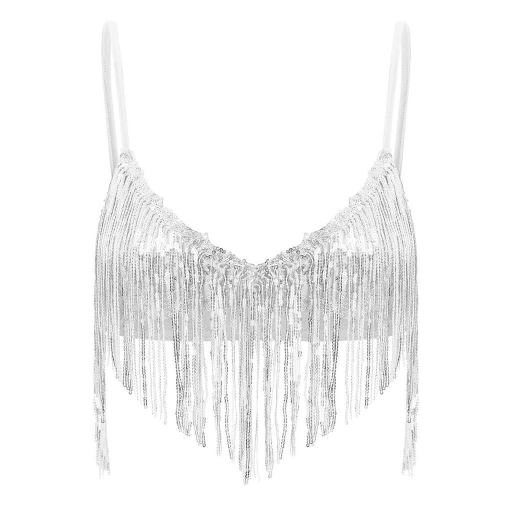 Womens Shiny Sequin Tassel Bra Tops Swing Sequin Fringe No Pad Wireless Bralette Bra Clubwear Dancewear