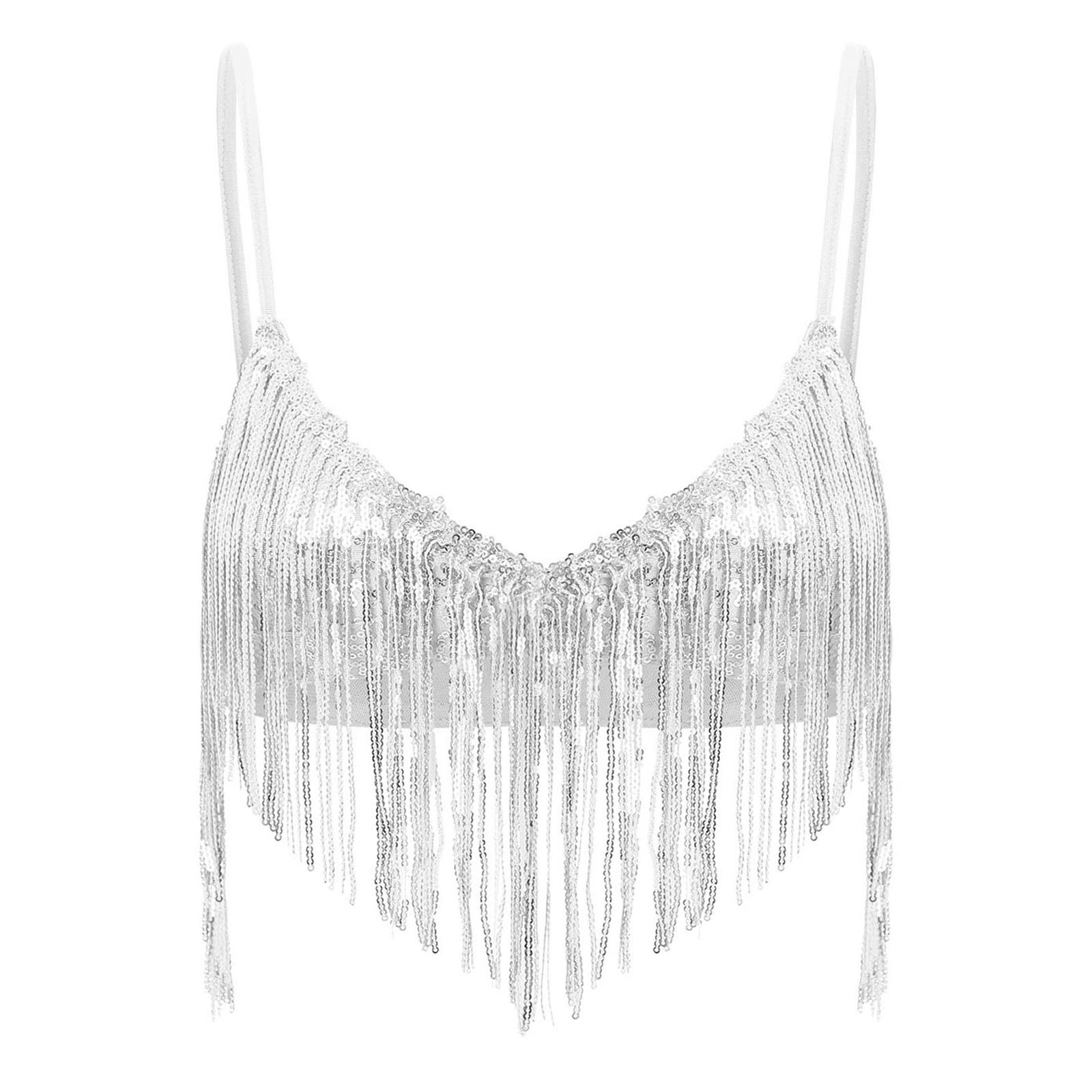 Damen Glitzer Pailletten Quasten BH Tops Schwingende Pailletten Fransen Ohne Polster Drahtloser Bralette BH Clubwear Tanzbekleidung S silber