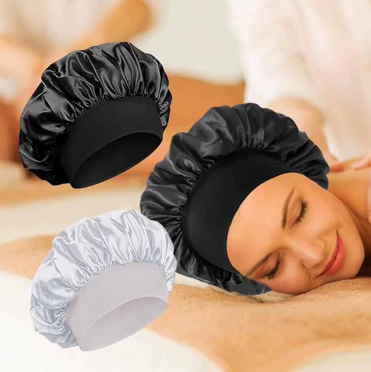 Shower Wide Brim Elastic Satin Hair Care Cap - Women's Sleep, Salon, and Shower Use