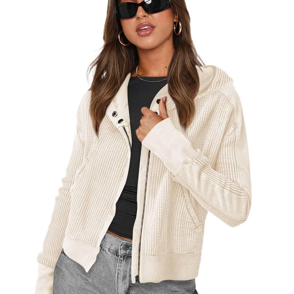 Jacke Patchwork Sweatshirt Damen Kapuzenpullover Lässiger Stil Reißverschluss-Hoodie Kurzer Strickpullover