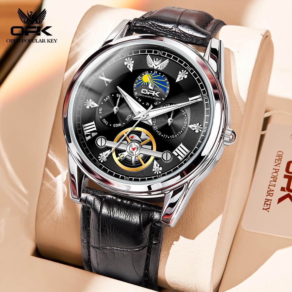 OPK 8148 Luxury Men’s Quartz Wristwatch Dual Calendar Luminous Moon Phase Waterproof Business Classic Watch for Man