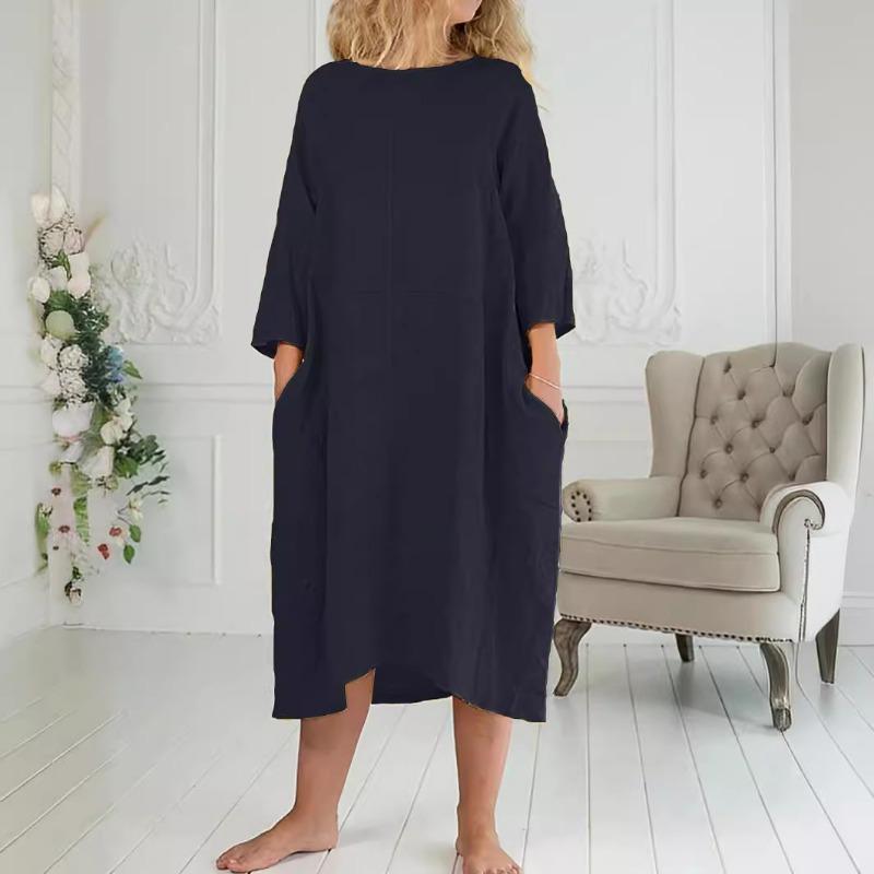 

Летнее женское платье с рукавами семь четвертей, круглым вырезом, карманом, длинным свободным платьем, повседневные платья с короткими рукавами XXL