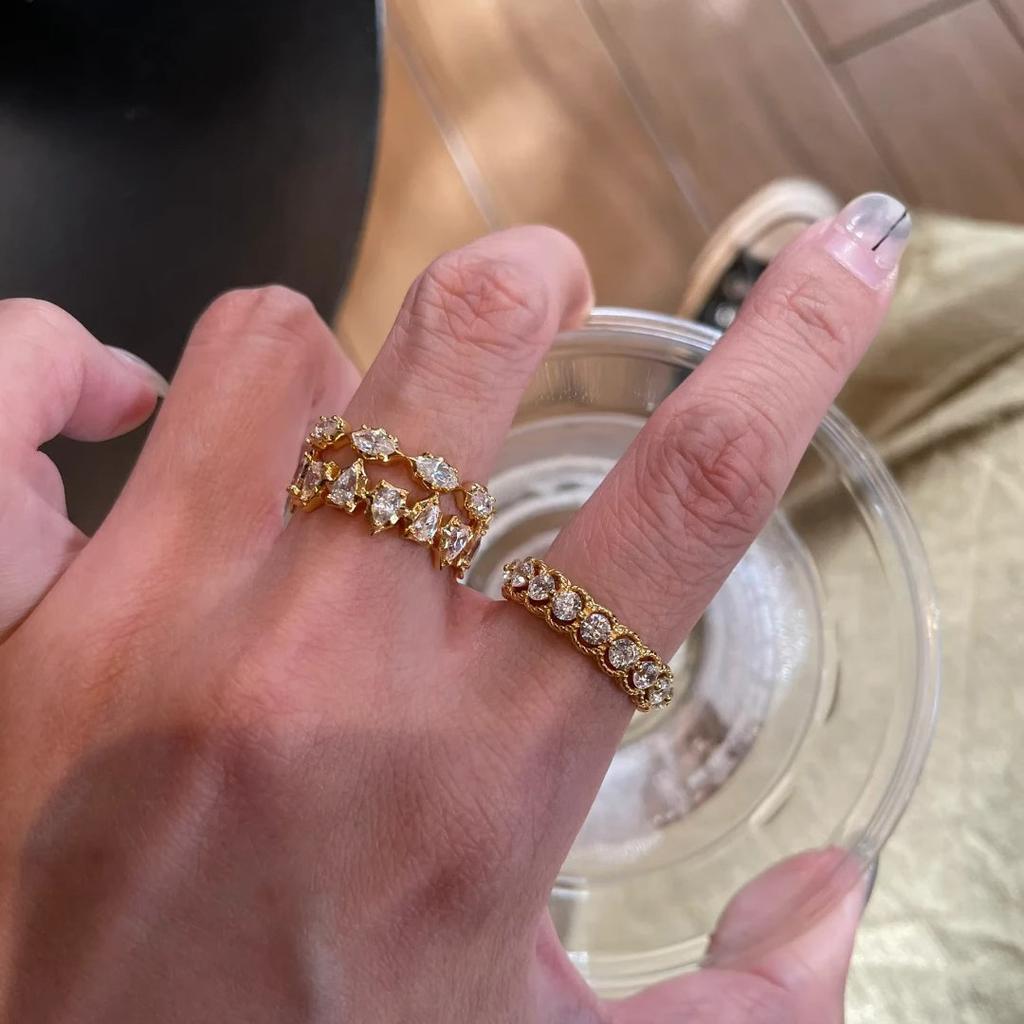 French Retro Simple Niche Design High Carbon Diamond Ring High Sense Irregular Edge Row Diamond Stack Wearing Tail Ring Woman