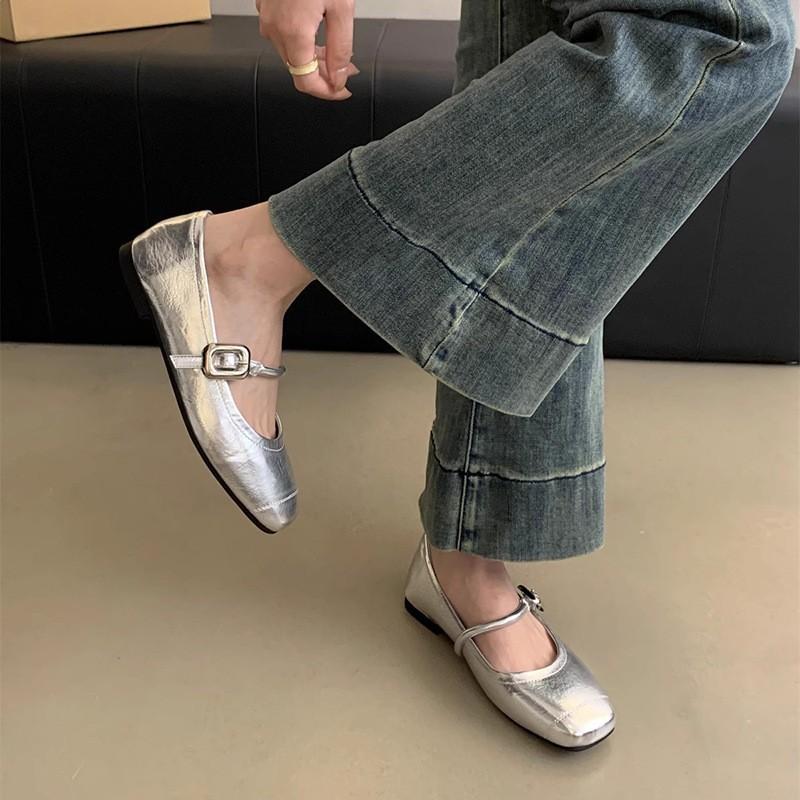 Silver light-mouth single shoes women's spring and autumn new retro small leather shoes soft flat Mary Jane grandma shoes