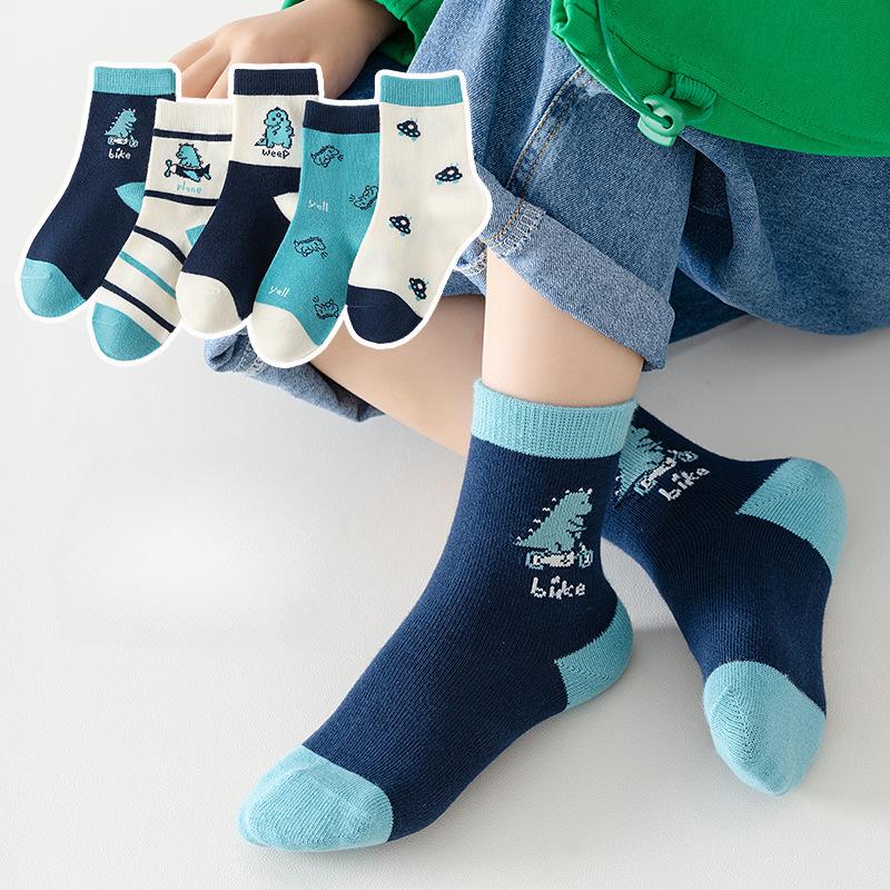 5 Pairs Autumn Winter New Style Children's Socks Mid-high Long Dinosaur Cartoon Design Boys Girls Baby Cartoon Socks Wholesale