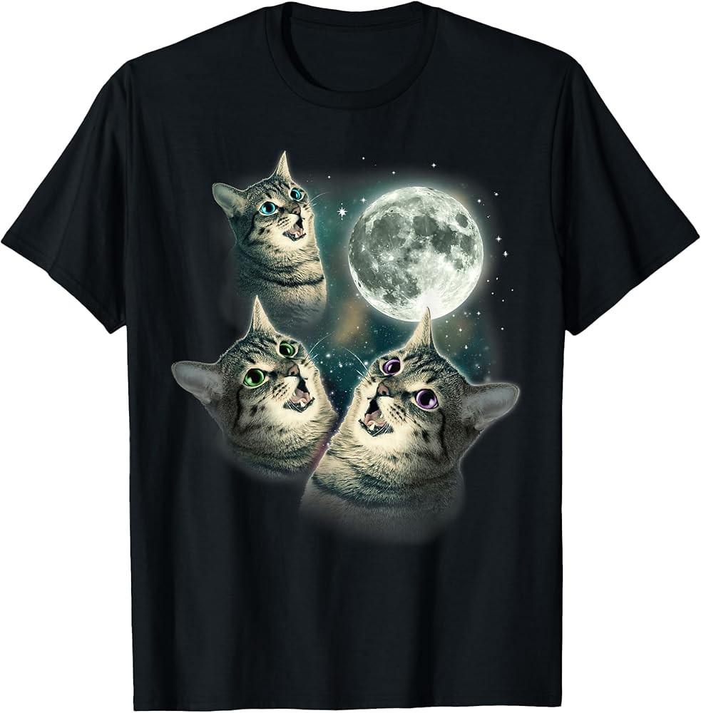 

Funny Cat Shirt Three Cat Moon 3 Wolfs Cute Kitten Graphic TShirt Unisex T-Shirt S