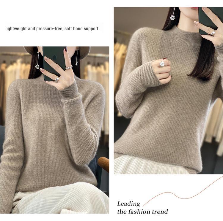 Women's Slim-Fit Long-Sleeve Wool Base Layer Sweater – Soft High-Neck Knitwear for Autumn and Winter