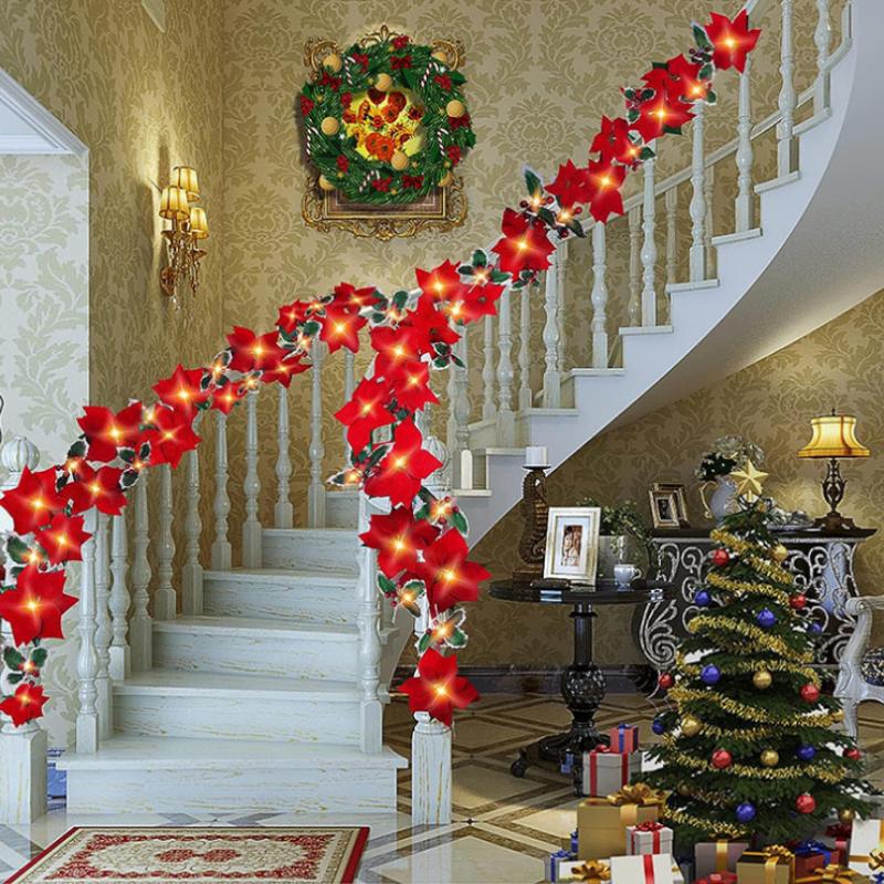 LED Christmas Garland with Lights Artificial Holly Berry Leaf Vine for Xmas Tree Fireplace Mantel Stairway and Holiday Home Decor