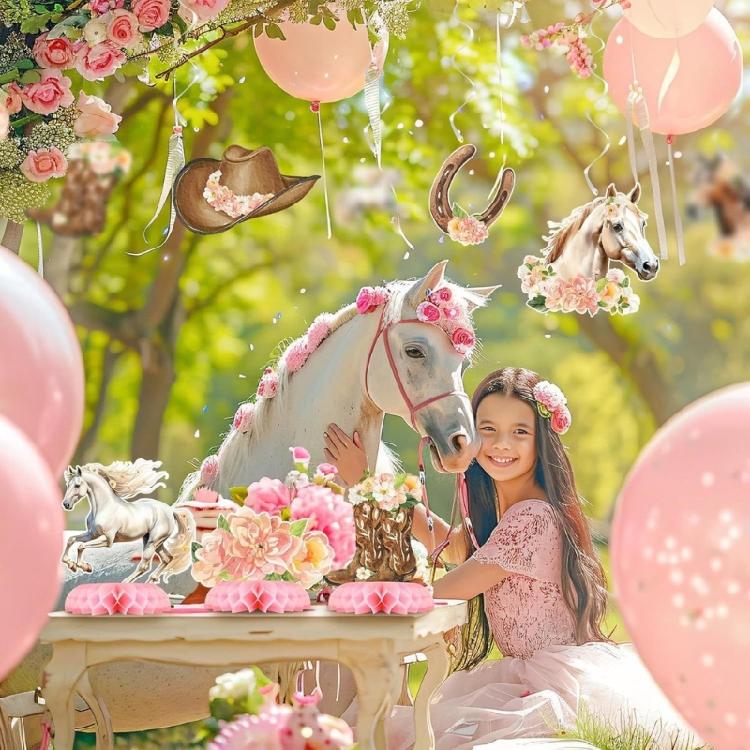Pink Honeycomb Horse Centerpieces Set, 8 Piece Girl Birthday Table Decorations with Florals Horse, Horseshoes and Boot Pattern for Dessert Table