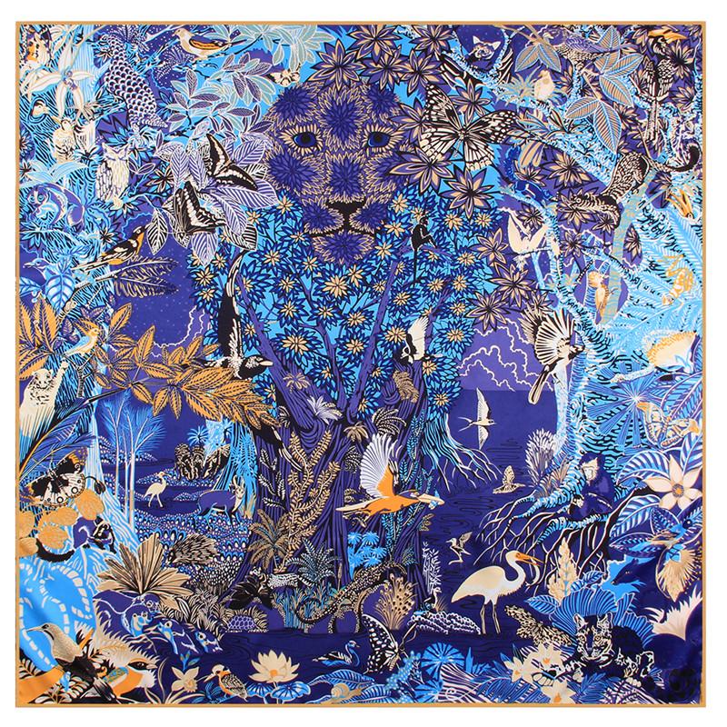 90Cm Manual Hand Rolled Twill Silk Scarf Women Foreast Animals Print Square Scarves Echarpes Foulards Femme Wrap Bandana Hijab