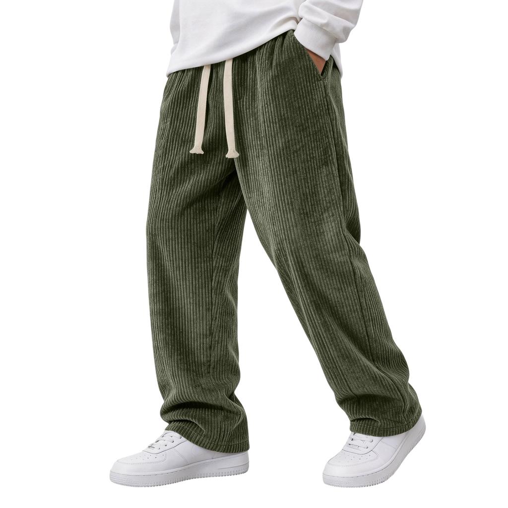 Men's Relaxed Fit Straight Leg Casual Pants with Vertical Stripe Pattern Back Patch Two Rear Pockets Elastic Waistband Durable Fabric Trousers