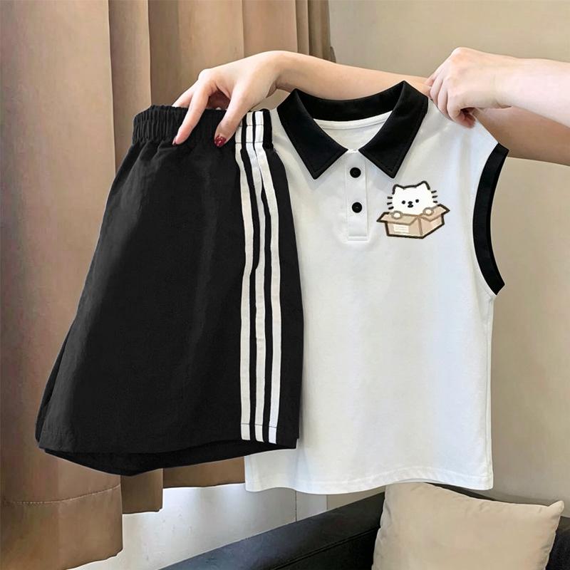 Girls' Patchwork Cotton Polo & Vest Set - Summer Casual Sleeveless Two-Piece