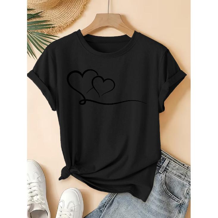 2026New Spring/Summer Women s Round Neck Double heart line drawing print short sleeve shirt T Shirt Vintage distressed casual top Soft Knit S чёрный