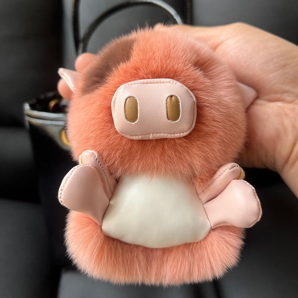 Cute Real Rex Rabbit Fur Pig Keychain Korean Ins Fluffy Real Fur Piggy Bag Charm Kawaii Plush Doll Pendant Gift for Women Girls