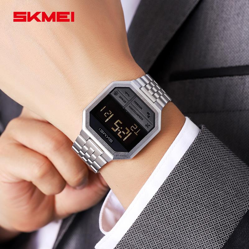 SKMEI 2350 Small Square Men's Electronic Watch Multifunction Business Style Steel Strap Waterproof Male Digital Wristwatch