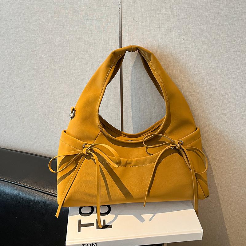 Cream Soft Shoulder Bag with Adjustable Drawstring Bows for Casual Daily or Trendy Urban Outings