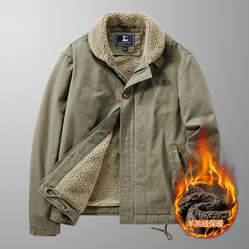 Winter casual men's velvet thickened lapel military uniform middle-aged cotton-padded coat loose lamb wool cotton coat