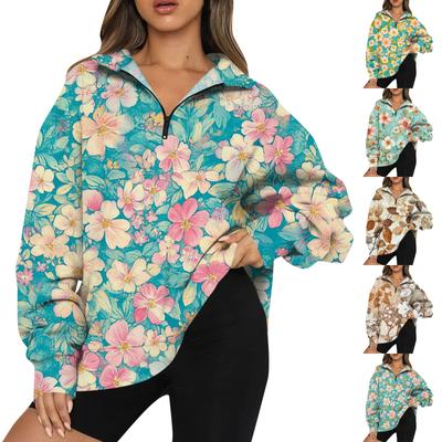 Women's Fashion Casual Long Sleeve  Printed Zipper Turtleneck Drop Shoulder Sweatshirt Top