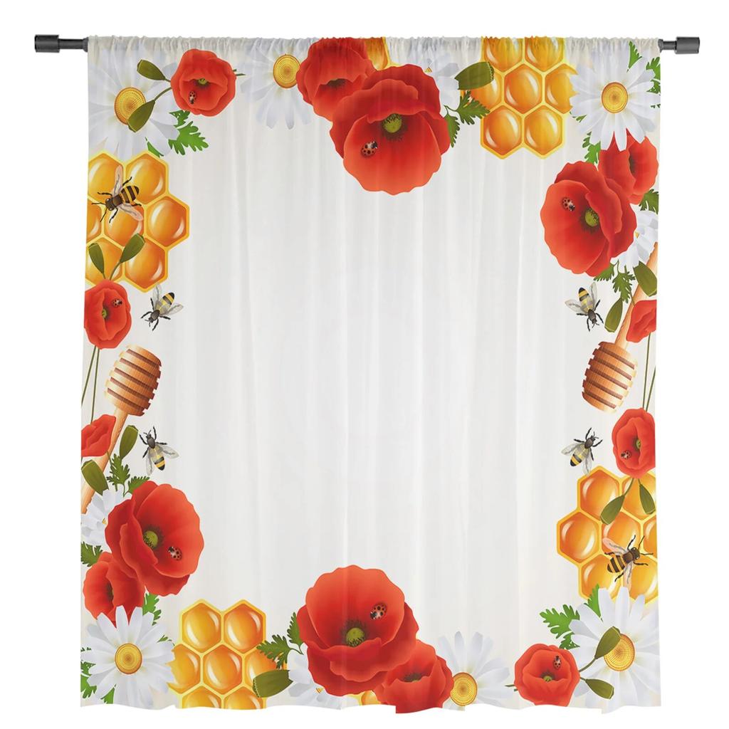 Bee Hive Daisy Poppy Flower Transparente Fenstervorhänge für Wohnzimmer, Küche, Kinderzimmer, Voile-Hängevorhang