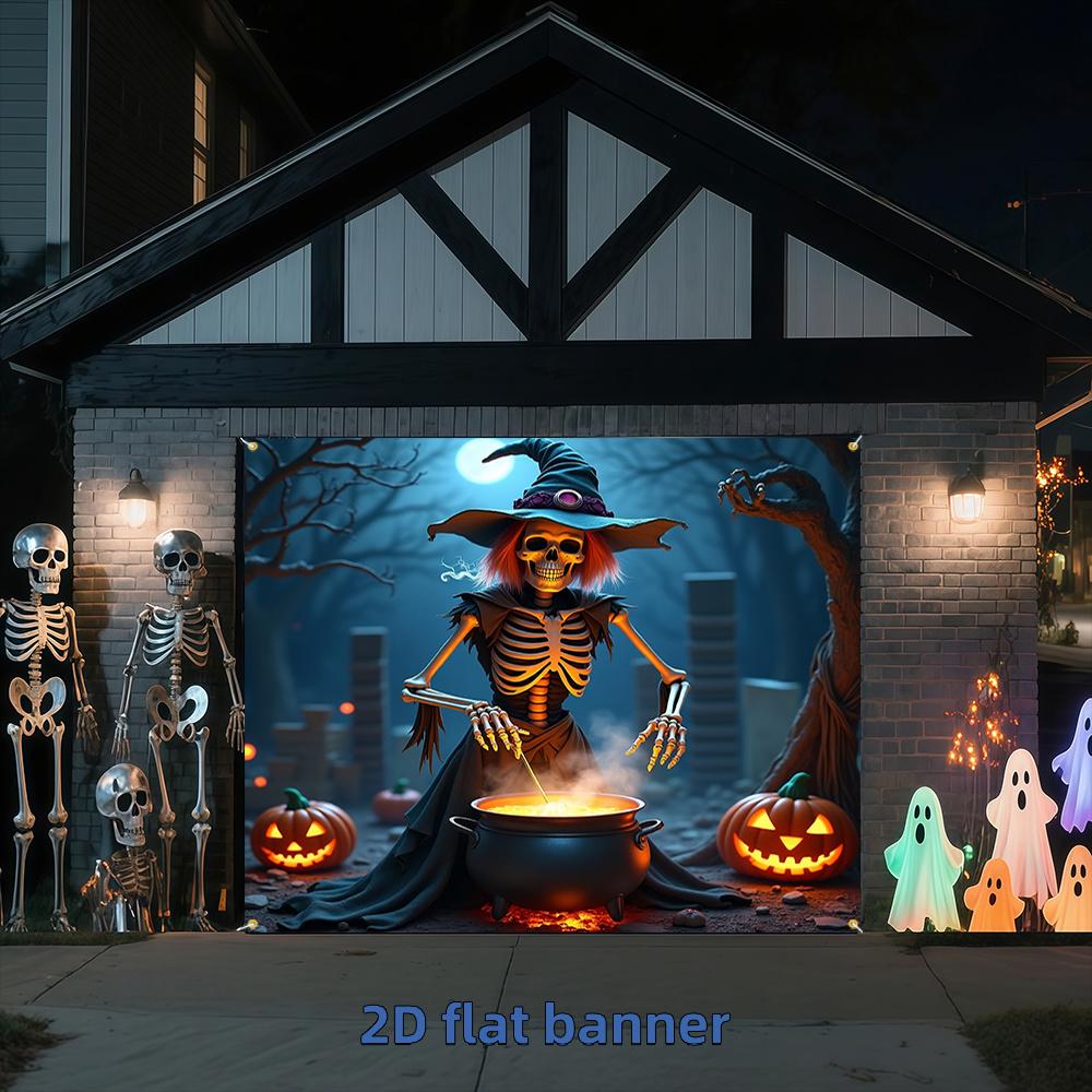 2D Flat Banner, 1pc Halloween Happy Garage Door Banner, Skeleton Witch Boiling Magic Soupzyc