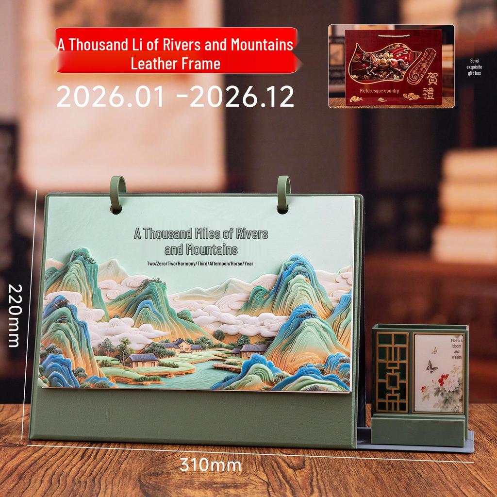 2026 Jahr des Pferdes Leder Schreibtischkalender mit individuellem 3D-Prägedesign - Geschenk-Box-Set für das Büro