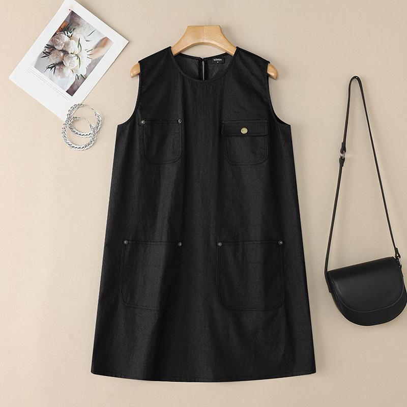 VONDA Women O Neck Sleeveless Decorative Pocket Casual Mini Tank Dress