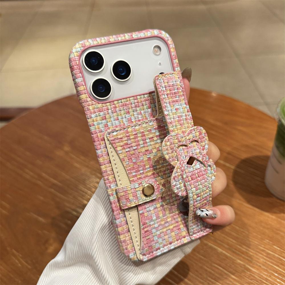 Elegant Stylish Heart Bow Wrist Strap Card Holder Phone Case for iPhone 17 Pro Max 16 15 14 13 Tweed Texture Protective Cover