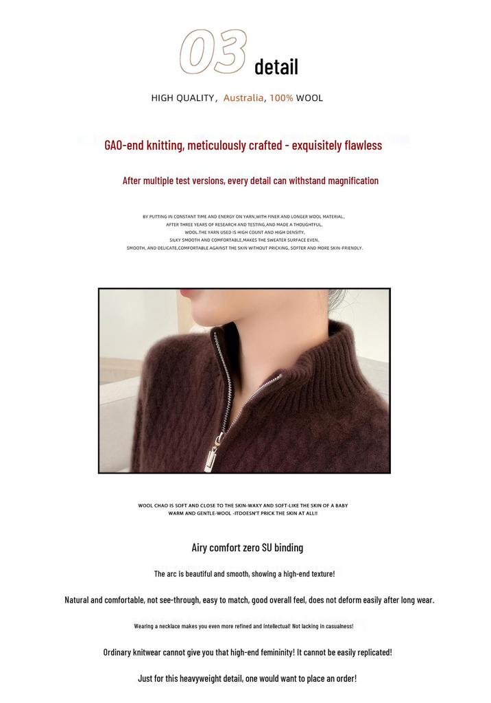 Women's 100% Wool Cable Knit Sweater: Autumn/Winter Seven-Stitch Thickened Half-High Collar with Half-Zip & Long Sleeves