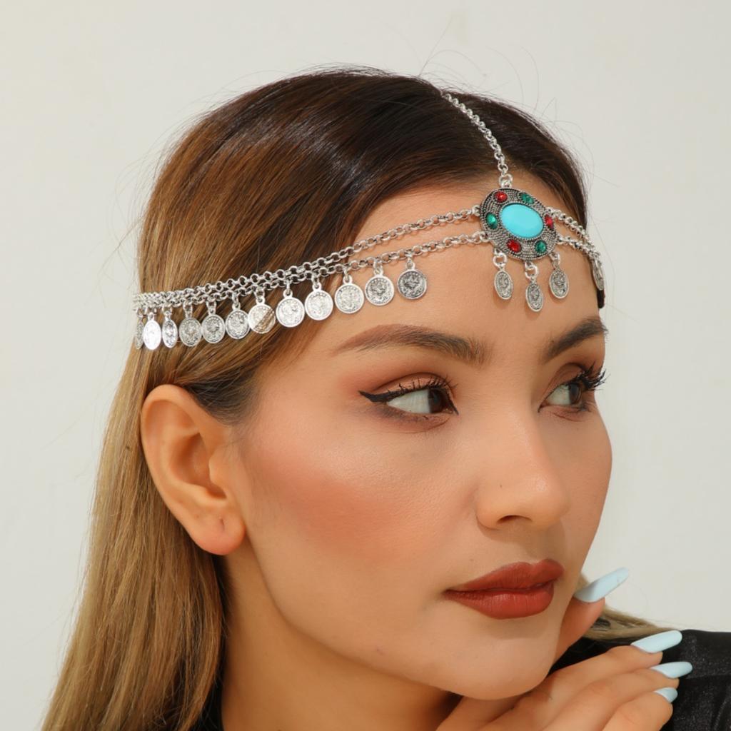 Ethnic Style Exotic Style Antique Silver Coins Tassel Ladies Hair Chain Ethnic Characteristics Travel Photo Accessories Head Chain