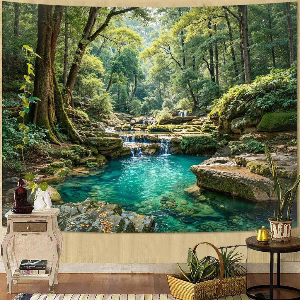 Zussun Natural Forest Tapestry Green Tree Wall Tapestry Bedroom Aesthetic Plant Stream Pool Landscape Small Tapestry Wall Hangin