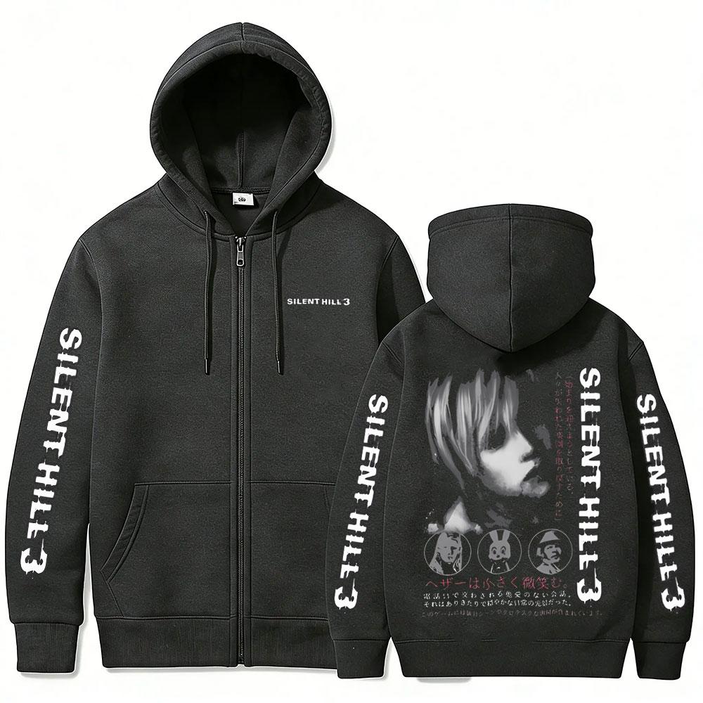 Horror Game Silent Hill Zipper Hoodie Men's Fashion Casual Vintage Zip Up Jacket Unisex Gothic Rock Oversized Zip Up Sweatshirt