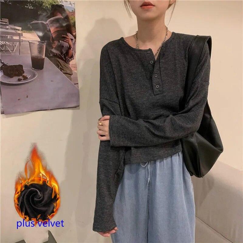 VAYLA Long Sleeve T-shirts Women Elegant Simple Pure Button Design Retro Ins Ladies Tees Top All-match BF Style Clothes