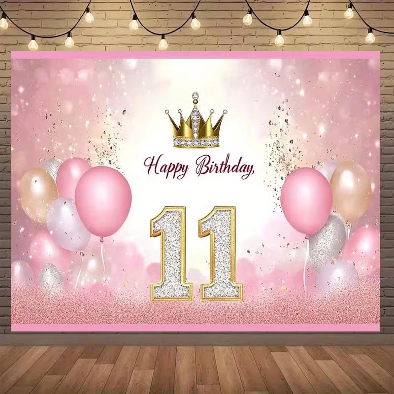 2D Happy 11th Birthday Backdrop Pink Gold Glitter Balloon Banner