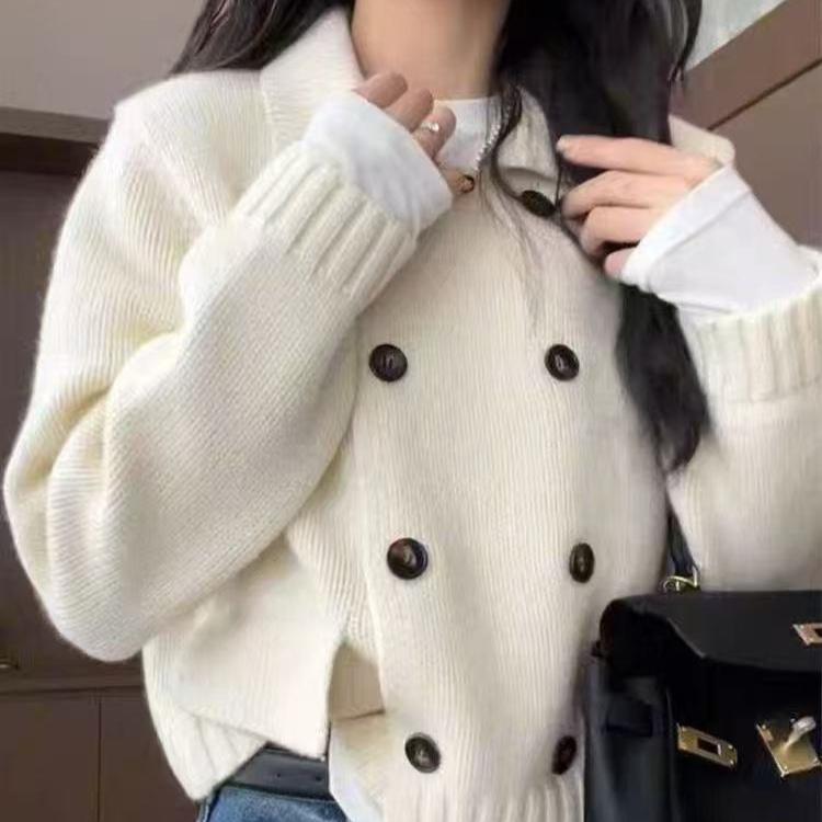 

Осень Зима двухбортный вязаный свитер короткий кардиган куртка свободный отложной воротник модные однотонные y2k свитера молодежные женские One Size