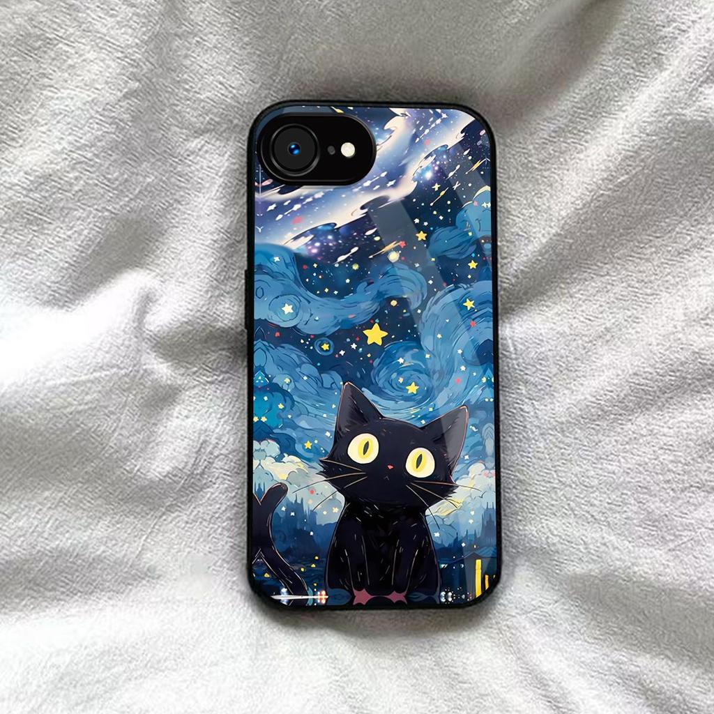 Case for iPhone 16e/17e Anime Black Cat Starry Cloud Print Phone Cover Acrylic Hard Back Shell With Flexible TPU Edge