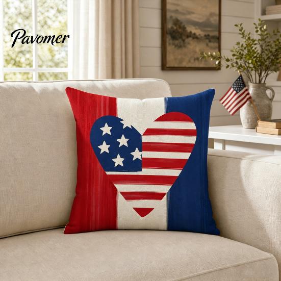 Linen Pillowcase 4th of July Pillow Cover, Independence Day with Red Blue Stripes Hearts Fourth Of Cover Stars Print, Sofa Cushion for Bed Couch