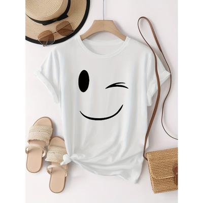 European Size Women'S Casual Short Sleeve T-Shirt with Joyful Face Print - Soft Polyester Blend, Round Neck, Summer Essential