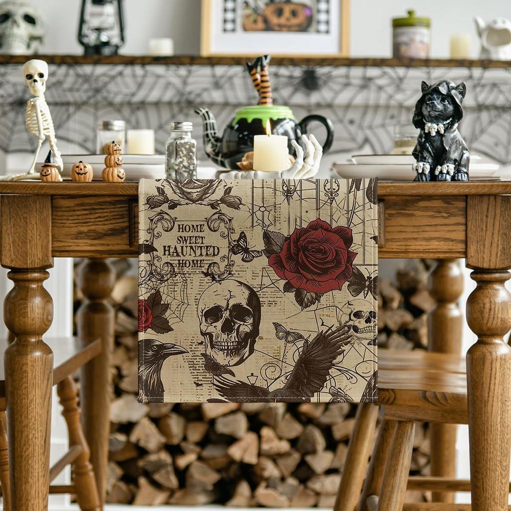 Halloween Gothic Skull Roses Linen Table Runner for Table Decor Halloween Theme Kitchen Dining Table Runners Home Decoration