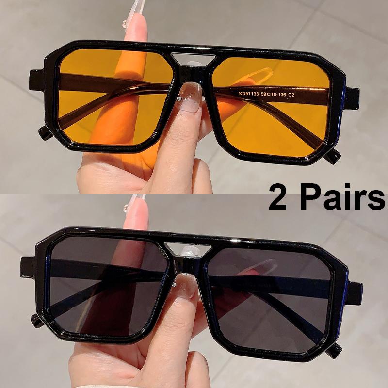 2 Pairs Vintage Square Sunglasses Men Chic Retro Double Bridge Gradient Outdoor Shades Women Casual Vacation Decor Sun Glasses