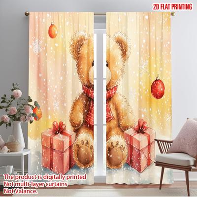 2 Stück, 2D-Flachdruckmuster Vorhänge Niedlicher Teddybär Schnee Winter Polyester (ohne Stange) Dekorationen für Zuhause für Schlafzimmer,