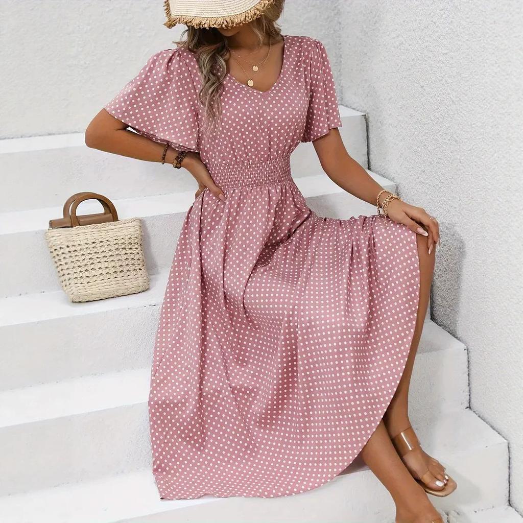 2026 European and American women's clothing spring and summer new express buy hot sale V-neck polka dot pullover casual dress