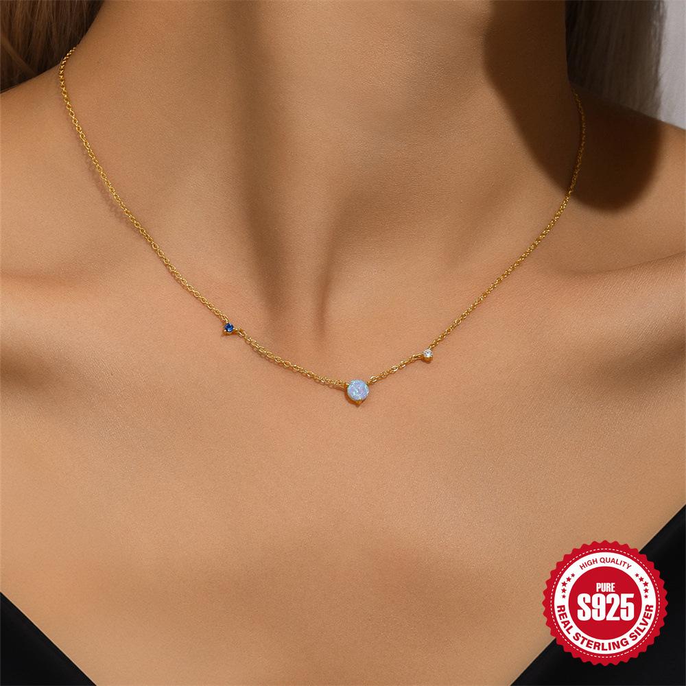 Fashion S925 Sterling Silver Simple And Versatile High-End Blue Opal Diamond-Encrusted Fashion Gift Necklace Collarbone Chain
